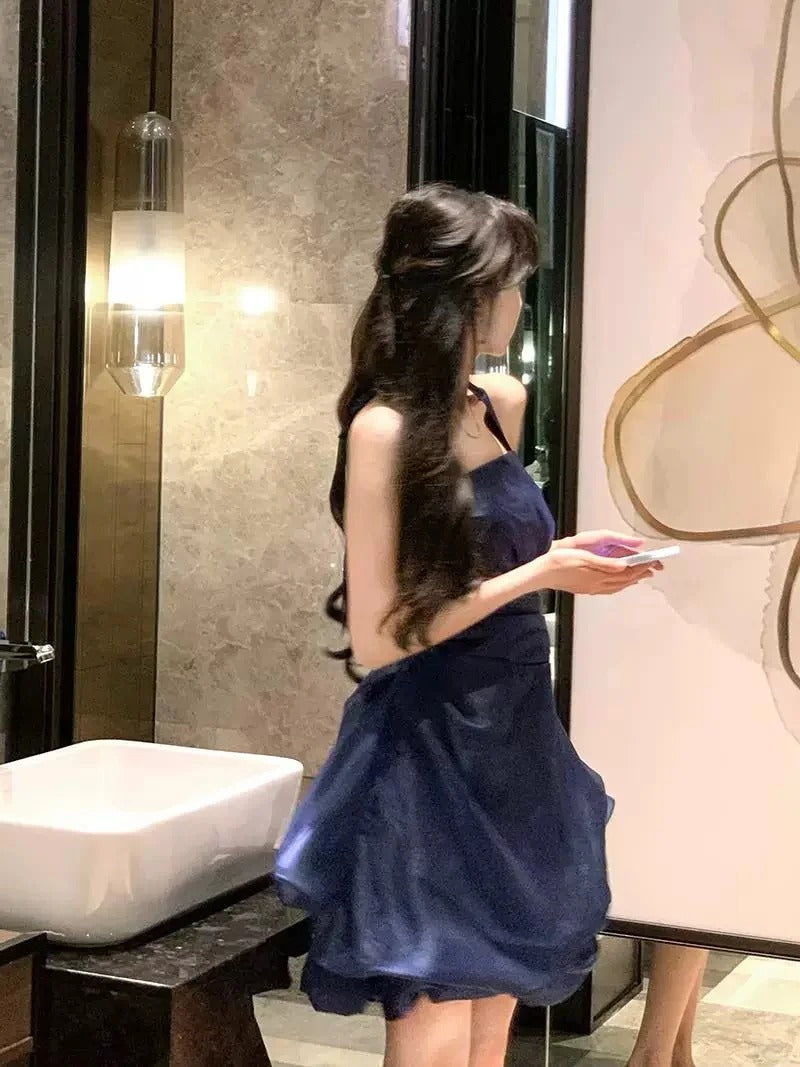 Jolie Robe de Bal Courte Halter Bleu Marine pour Remise de Diplôme Mini Robes de Rentrée Hoco Robe N2726