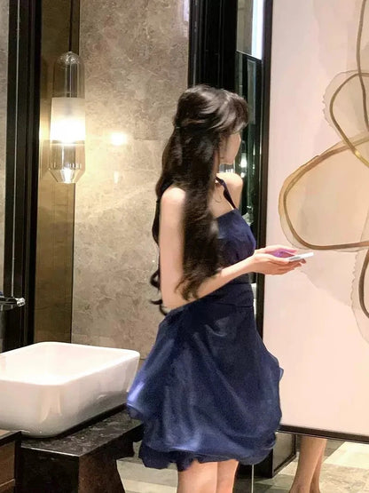 Jolie Robe de Bal Courte Halter Bleu Marine pour Remise de Diplôme Mini Robes de Rentrée Hoco Robe N2726