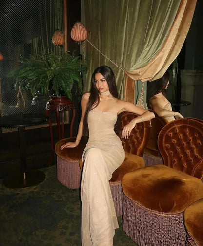 Elegantes, champagnerfarbenes Pailletten-Maxikleid im Meerjungfrauenstil mit Herzausschnitt, bodenlang, figurbetont, ideal für Abschlussball, 20. Geburtstag oder andere festliche Anlässe (N427)