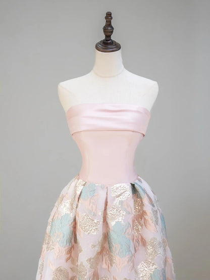Robe de bal élégante sans bretelles en satin rose à fleurs, robe de soirée longue, tenue pour un 18e anniversaire, robe de remise de diplôme RB1037