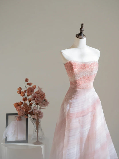 Elegantes, trägerloses Ballkleid aus rosa Tüll mit Kristall- und Perlenstickerei, langes Partykleid, Outfit zum 18. Geburtstag, Abschlusskleid N233
