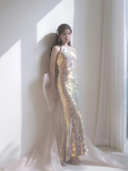 Simple Mermaid Scoop Sequin Long Prom Dresses With Bow Formal Gowns Inspo Evening Outfit N227