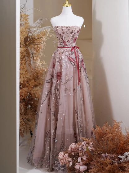 Niedliches, trägerloses Ballkleid aus floralem Tüll und Spitze – langes Abendkleid für den 19. Geburtstag – Outfit N237