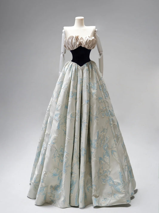 Robe de bal sobre sans bretelles en satin bleu à fleurs, longue robe de soirée/bal de fin d'année, longueur au sol, N273
