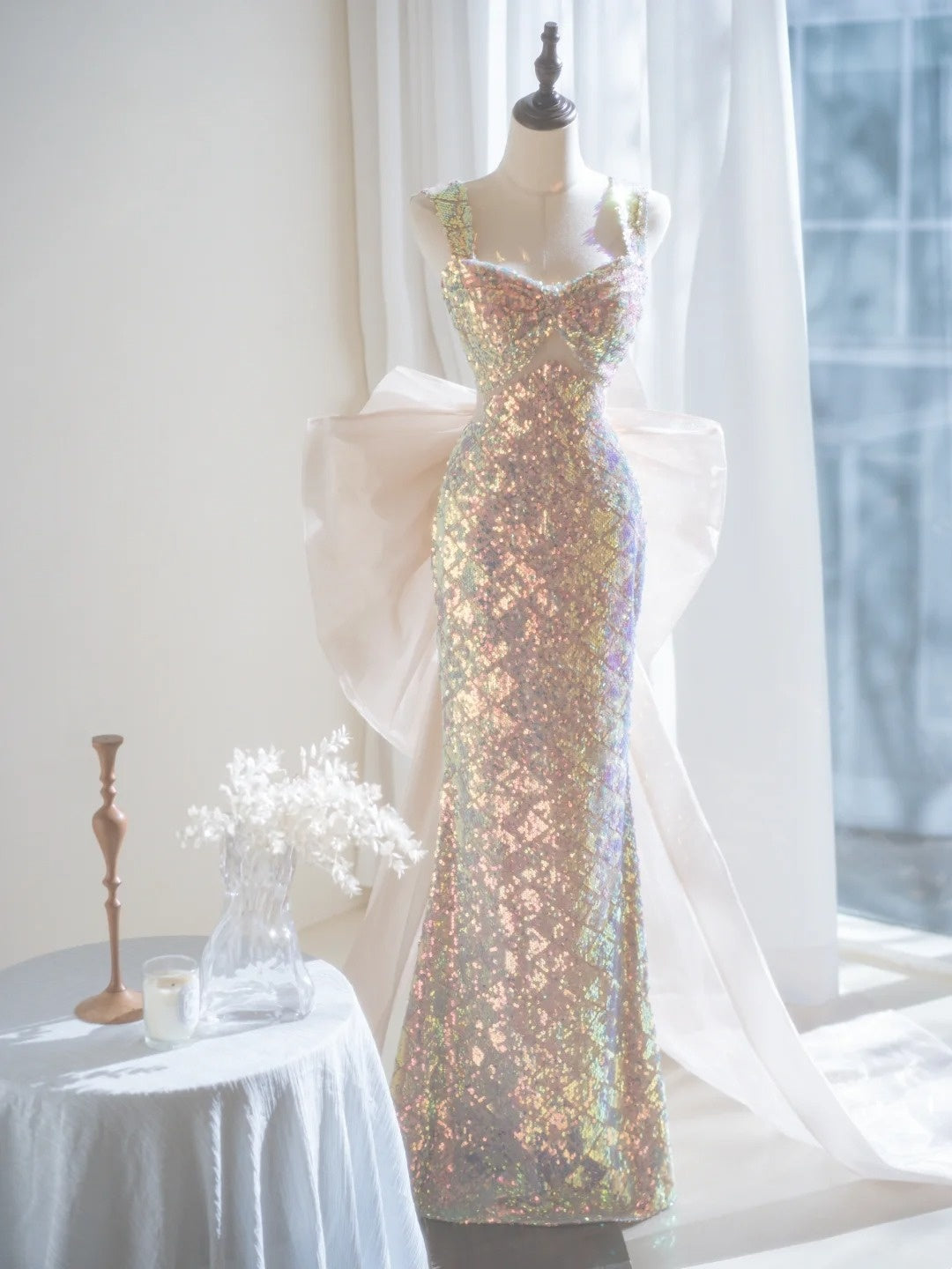 Robe de bal longue à paillettes et col carré, style sirène scintillant, sans manches, robe de soirée A022