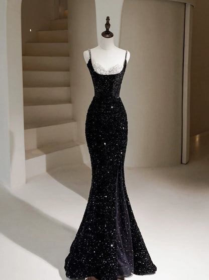 Glamour Mermaid Spaghetti Straps Black Sequin Long Prom Dresses Party Dress 20th Birthday Outfits Prom Gowns RB1511