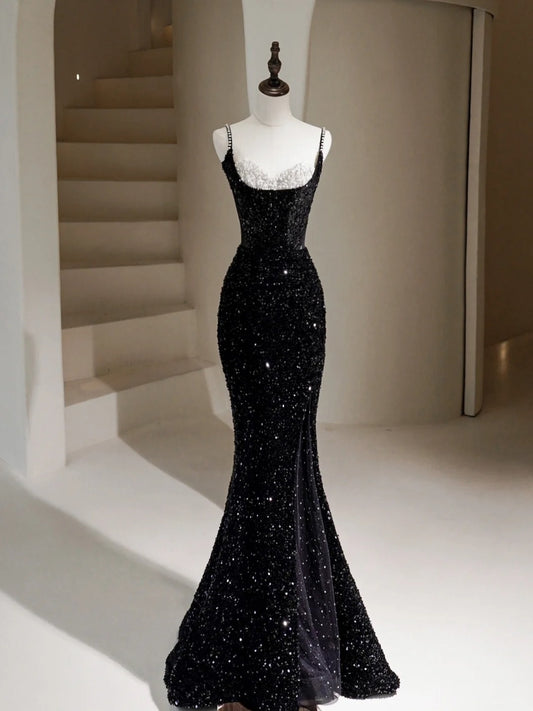 Glamour Mermaid Spaghetti Straps Black Sequin Long Prom Dresses Party Dress 20th Birthday Outfits Prom Gowns RB1511