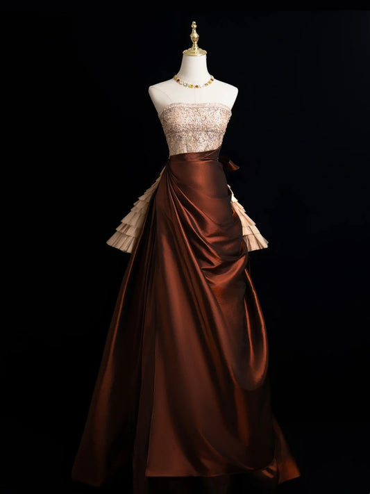 Robe de bal sobre sans bretelles, haut champagne à perles, jupe marron, robe de soirée longue, robe de bal longue, robe de soirée formelle N272