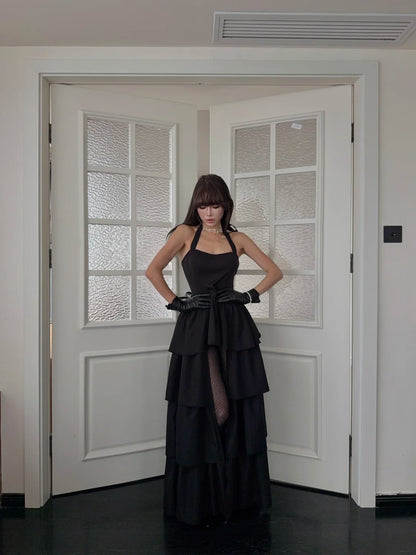 Chic High Low Halter Black Tie Wedding Guest Dress Satin Ruffles Long Prom Dresses Night Semi Formal Gown N698
