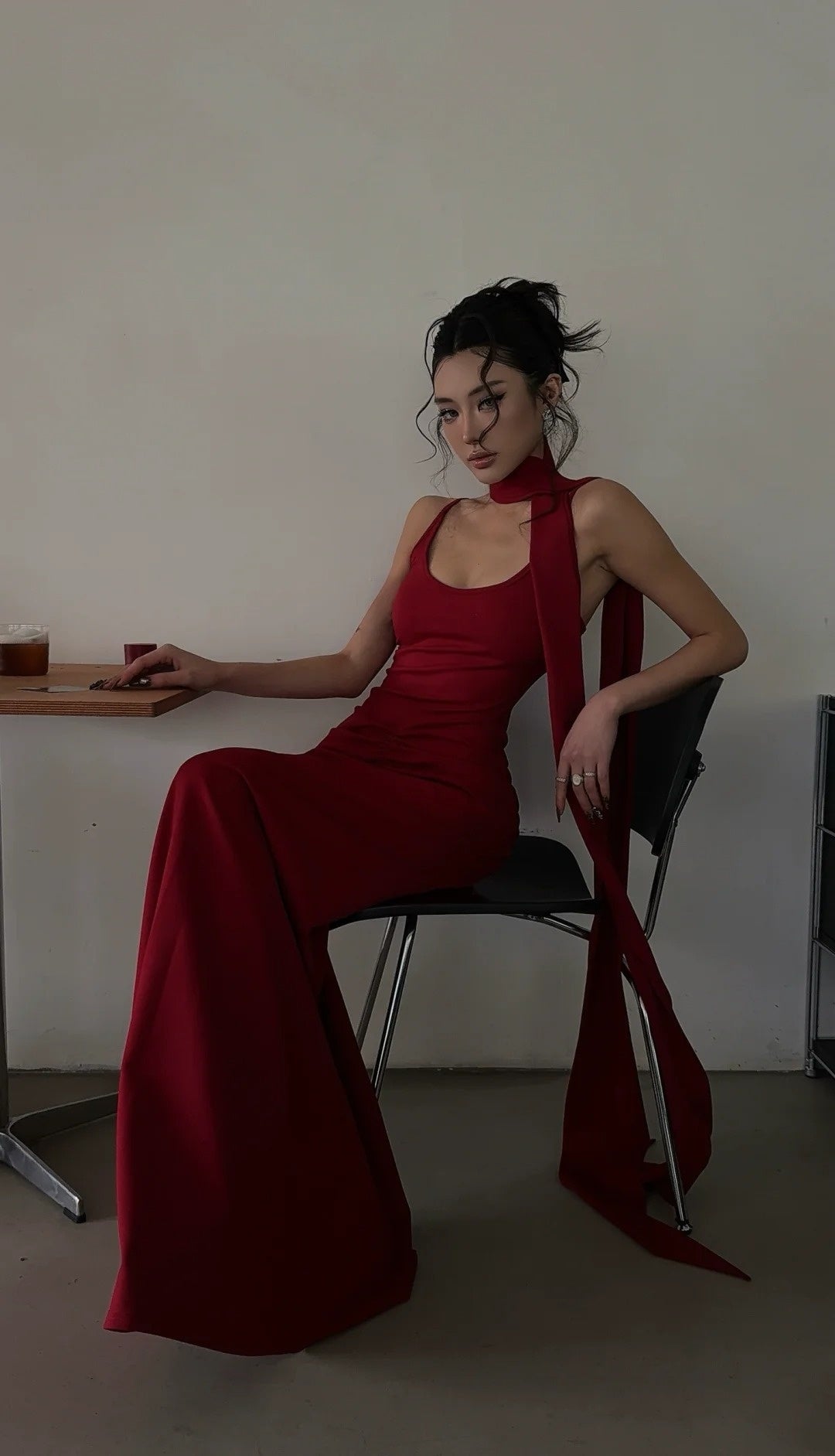 Robe de bal longue rouge sirène à fines bretelles et foulard, inspiration pour un 18e anniversaire, robe de soirée formelle N465