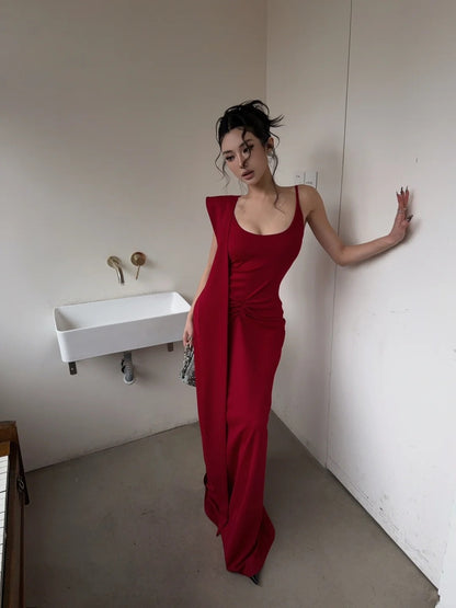 Einzigartiges Meerjungfrauen-Spaghettiträgerkleid in leuchtendem Rot mit Schal – langes Ballkleid, Inspiration für Geburtstagskleider, formelles Abendkleid N464