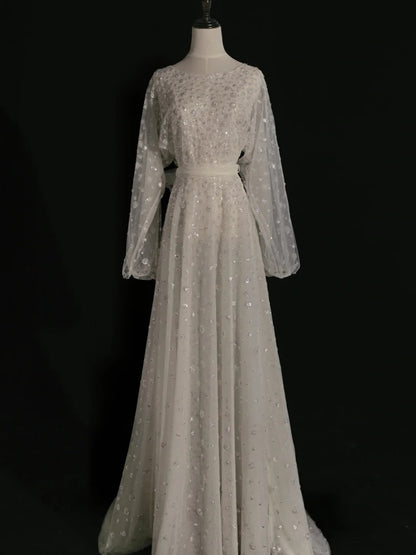 Robe de mariée classique trapèze à col rond et sequins blancs à manches longues - N243