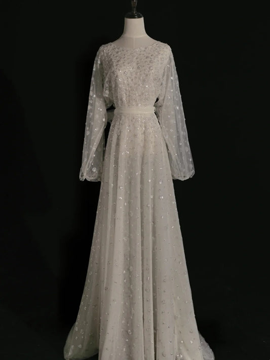 Classic A line Wedding Dresses Scoop Neck Sequin White With Long Sleeves Brides Dress Sequin Bridal Gowns N243