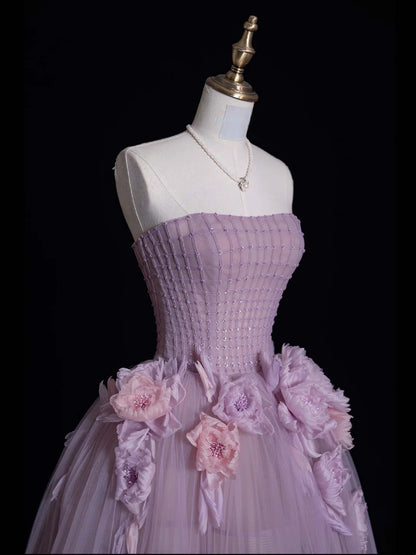 Robe de bal modeste sans bretelles en tulle lilas, longue robe de soirée formelle, robe de bal de fin d'année N747