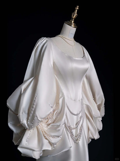 Pretty A line Long Sleeves White With Long Sleeves Satin Brides Gown Bridal Dress Style Long Wedding Dresses RB6567