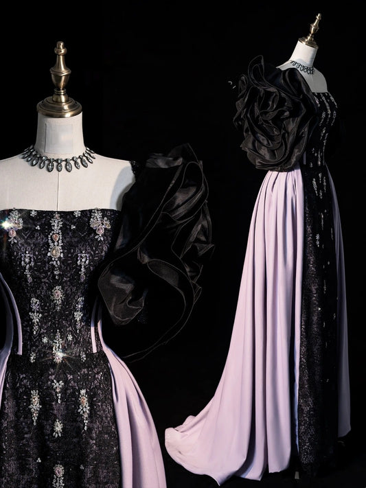 Robe de bal bustier noire à sequins, coupe trapèze, inspiration princesse, référence N1274