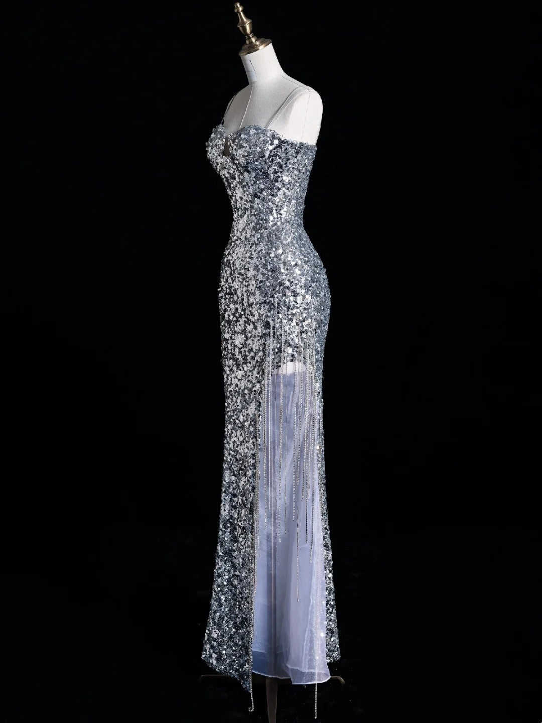 Elegantes Meerjungfrauen-Abendkleid mit Spaghettiträgern, silber-grau mit Pailletten, langes formelles Kleid für die Oberstufe, N1269