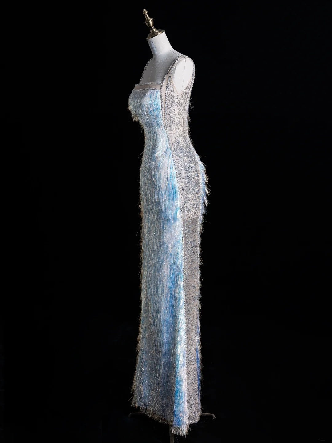 Robe de bal longue bleue à fines bretelles et paillettes, style sirène, inspiration pour un 18e anniversaire, robe de soirée N487