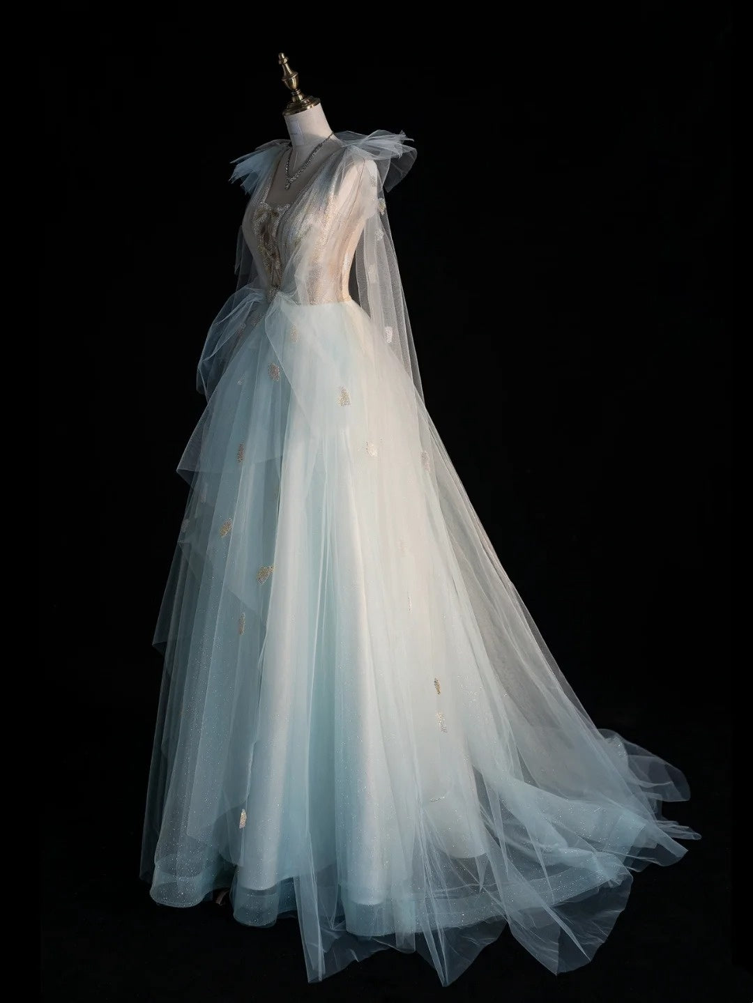Prinzessinnen-Ballkleid mit V-Ausschnitt, hellblauer Tüll, formelles Outfit für College, Abschlussball und Schulabschluss für Teenager N1344
