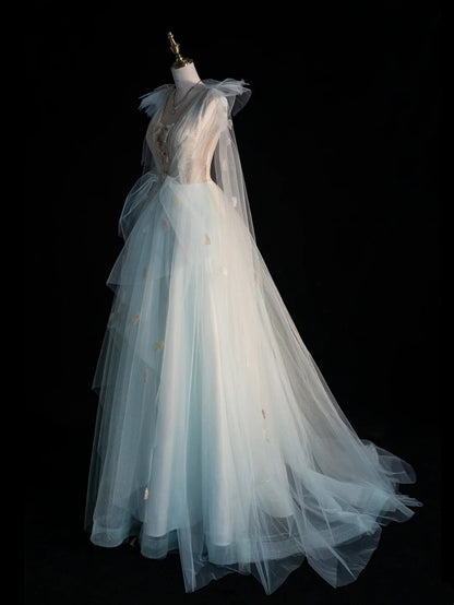 Prinzessinnen-Ballkleid mit V-Ausschnitt, hellblauer Tüll, formelles Outfit für College, Abschlussball und Schulabschluss für Teenager N1344