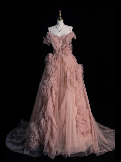 Robe de bal longue rose en tulle à fines bretelles - Inspiration robes de soirée - Robe de bal formelle N1214