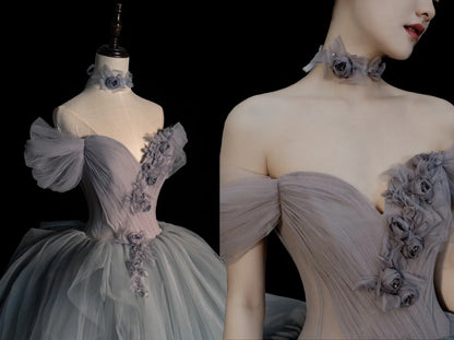 Robe de bal modeste à épaules dénudées en tulle argenté, inspiration robes de soirée, robe de princesse formelle N1280