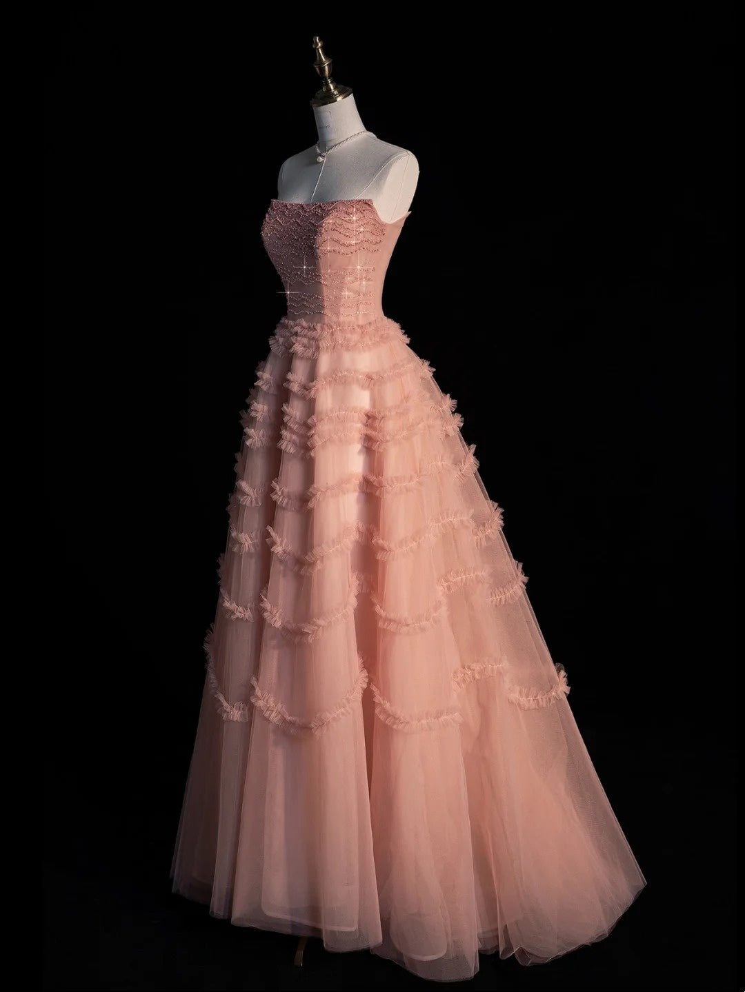 Niedliches, trägerloses Ballkleid aus rosa Tüll für den Abschlussball, langes formelles Kleid für die High School, N1273