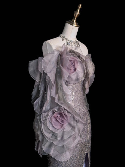 Prinzessin Meerjungfrauen-Abendkleid mit Herzausschnitt, grau, paillettenbesetzt, mit Schlitz, langes formelles Abendkleid, Ballkleid N743
