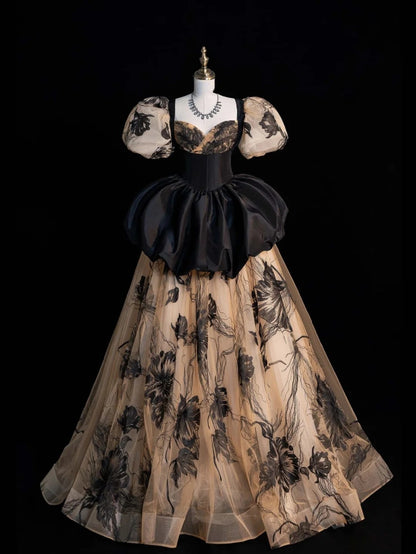 Elegantes, schwarzes, geblümtes Ballkleid mit herzförmigem Ausschnitt, kurzen Puffärmeln und langem Schnitt für Damen und Mädchen (Abendkleid N652)