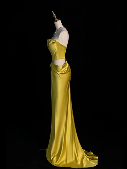 Elegantes, trägerloses, ärmelloses Meerjungfrauen-Abendkleid aus gelbem Satin im 80er-Jahre-Stil, langes formelles Kleid für die Oberstufe (N1339)