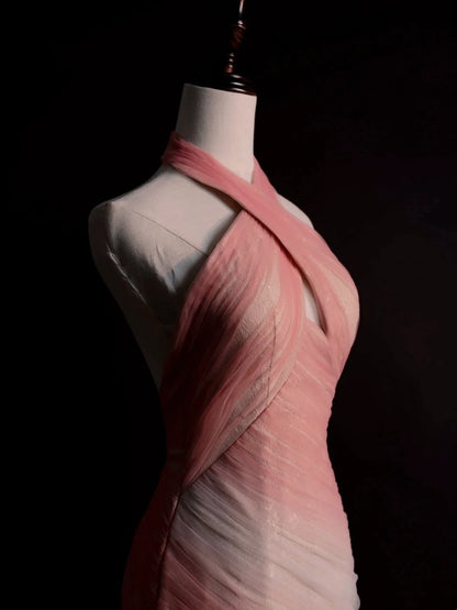Elegantes Meerjungfrauen-Halterkleid aus rosa Tüll, langes Ballkleid, Abschlusskleid N1229