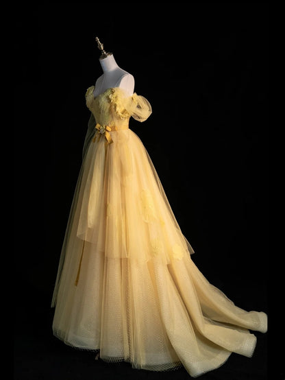 Modest Ball Gown Off The Shoulder Yellow Tulle College Formal Sweet 16 Outfit Long Sleeves Prom Dresses For Teens N1169