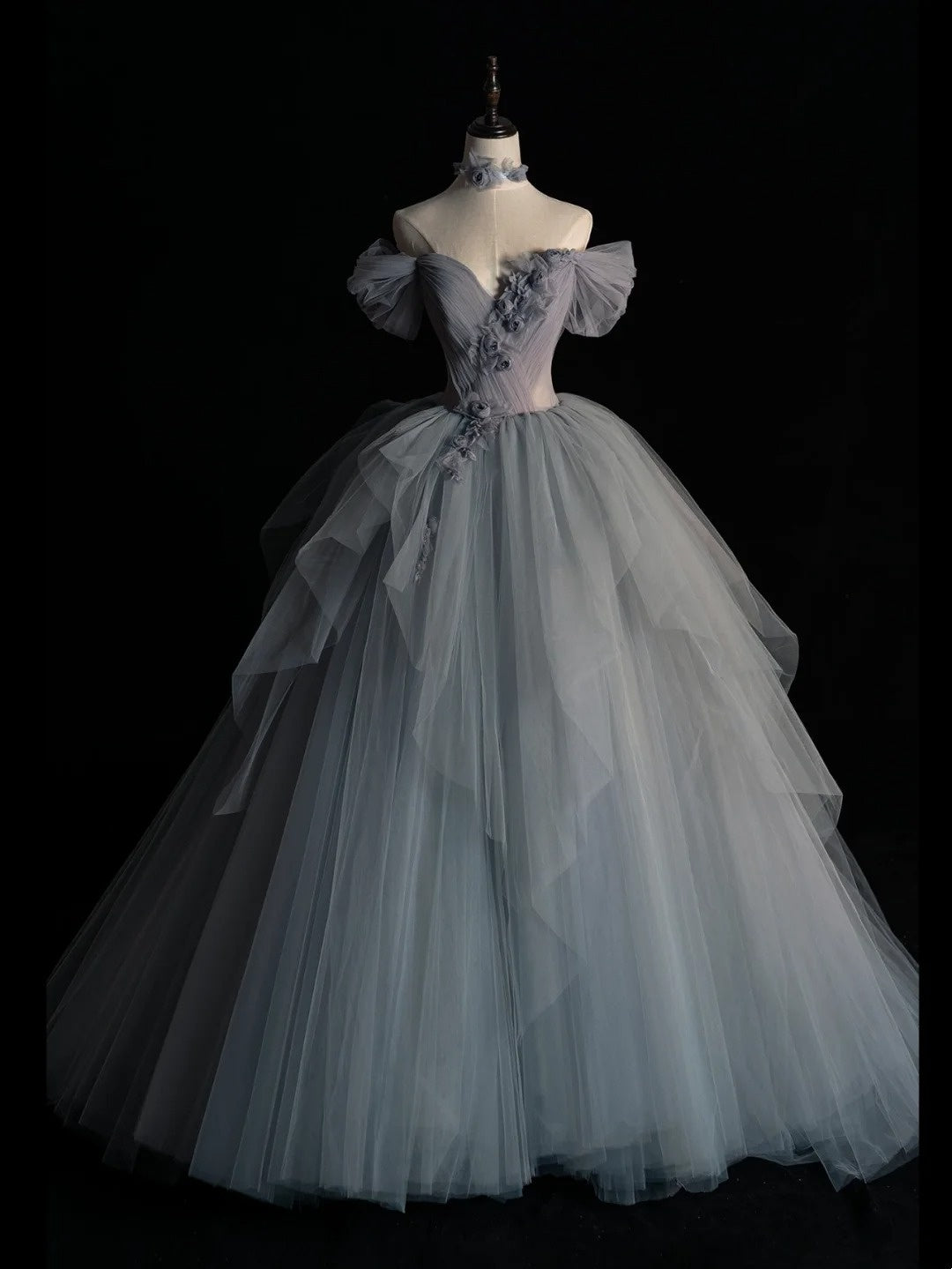 Robe de bal modeste à épaules dénudées en tulle gris, inspiration robes de soirée, robe de princesse formelle N760