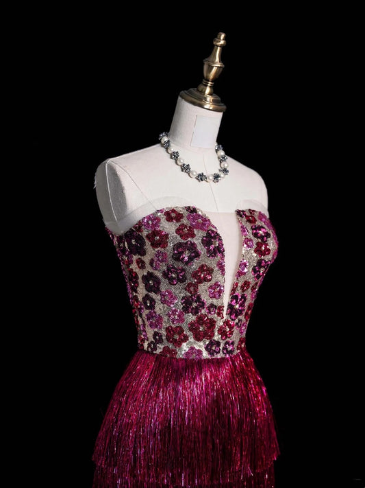 Bezauberndes, trägerloses, langes Paillettenkleid mit Quasten in Rosa für Ball und Abend, formelles Kleid N1073