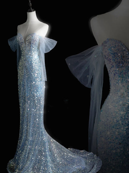 Magnifique robe de bal longue sirène à sequins bleu ciel clair, épaules dénudées, inspiration tenue de soirée N245