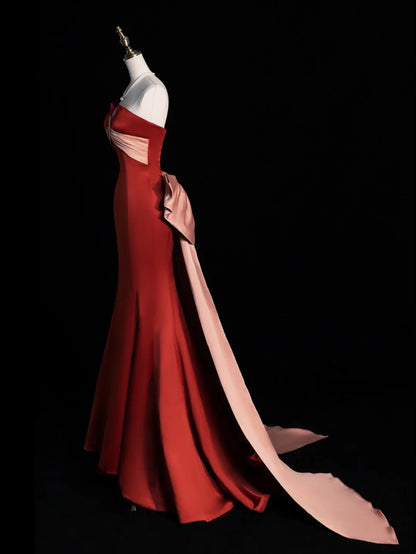 Robe de bal de fin d'année élégante, sans bretelles, en satin rouge rouille, modèle N1268