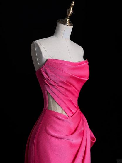 Robe de bal longue sirène simple sans bretelles en satin rose plissé avec doublure en satin N849