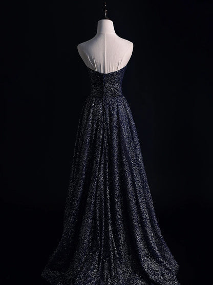 Elegantes, trägerloses, schwarzes Paillettenkleid in A-Linie – langes Ballkleid/Abschlusskleid N1218