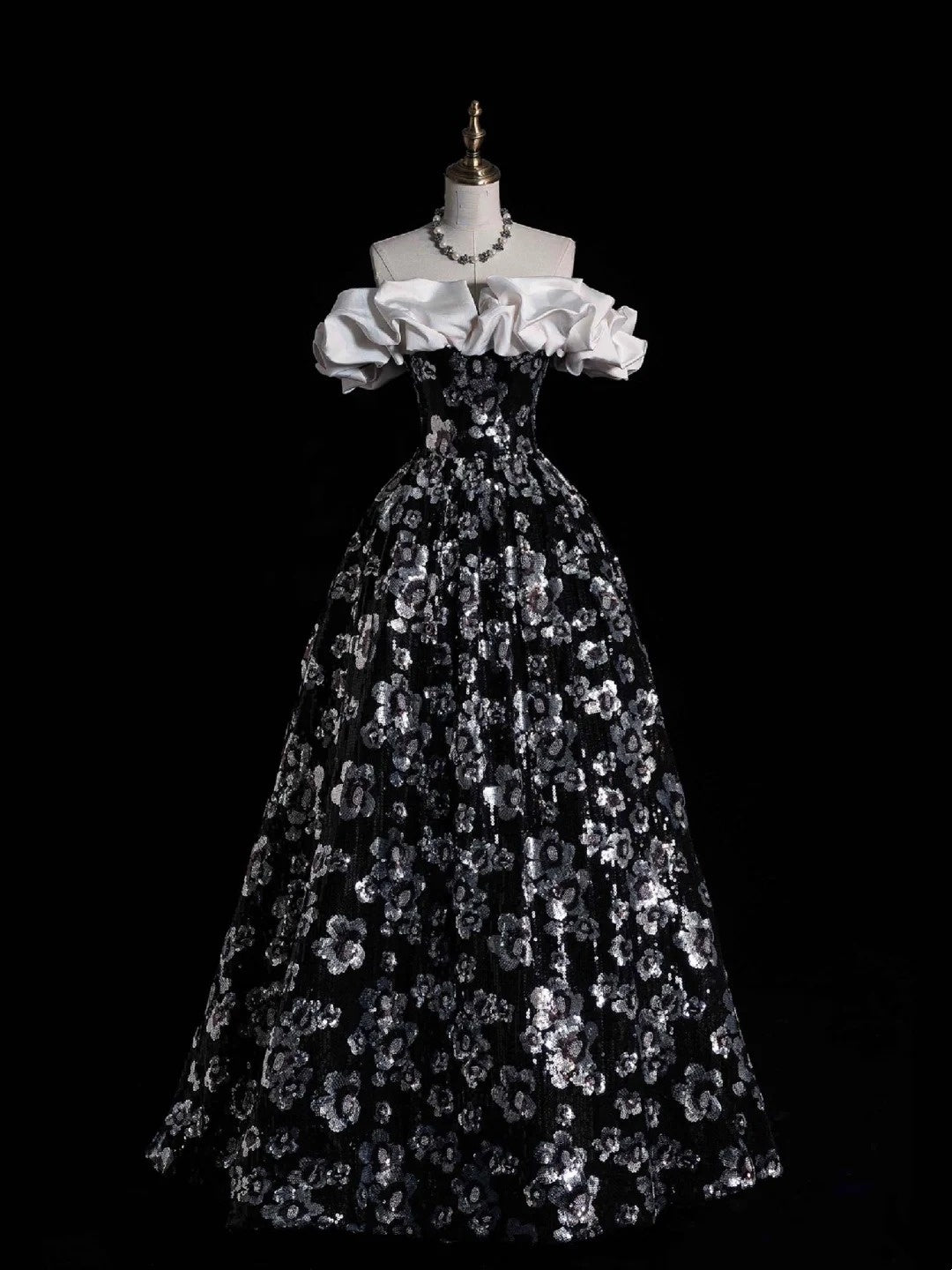 Modest Ball Gown Off The Shoulder Black Floral Sequin College Formal Sweet 16 Outfit Long Prom Dresses For Teens N1166