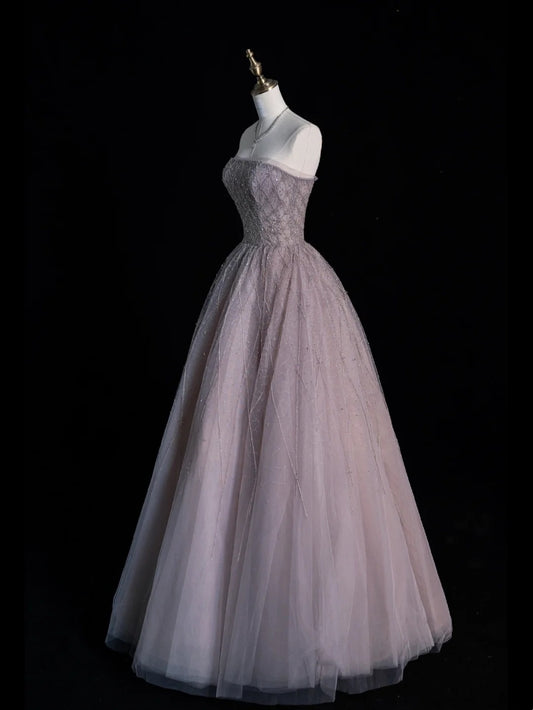 Modest Ball Gown Strapless Beadings Gray Tulle Long Prom Dresses For High School Teens Girls Formal Bridesmaid Dress N1071