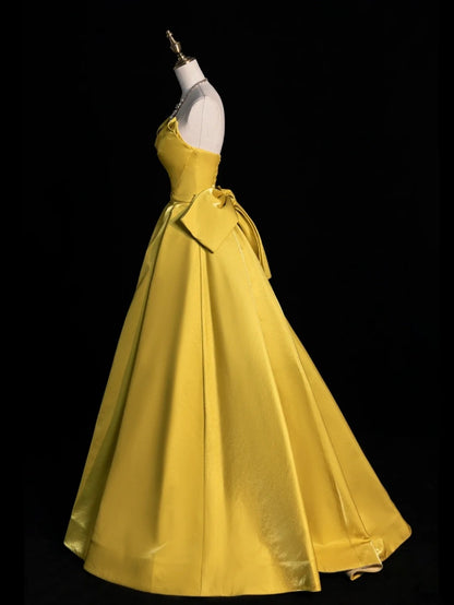 Robe de bal chic en satin jaune à décolleté cœur, robe de soirée longue pour lycéennes, N1261