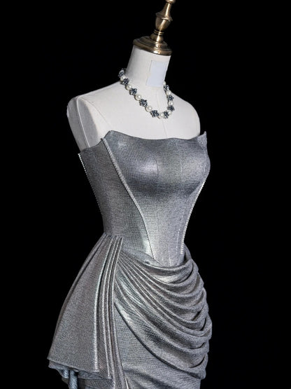 Robe de bal longue sirène sans bretelles, sequins gris argentés, corsage plissé, robe de soirée N611