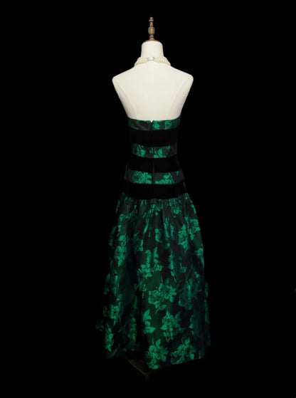 Robe bustier vert foncé en satin à fleurs, coupe trapèze, inspiration années 2000, style Y2K, référence N1383
