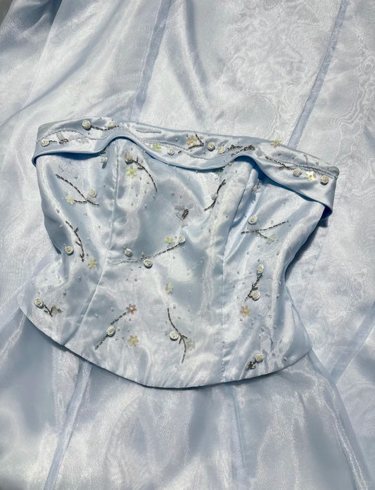 Wunderschöne Abschlussballkleider A-Linie Trägerlos Hellblau Satin Lange Abendmode N3437