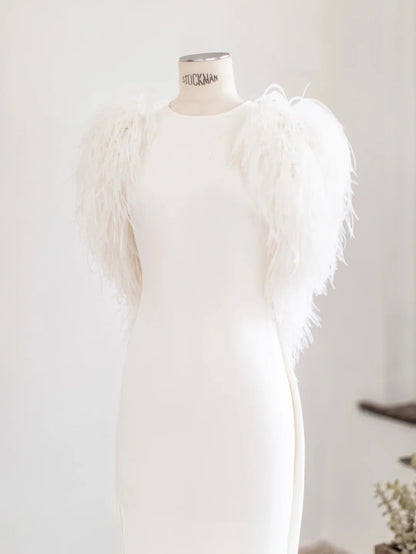Chic Mermaid Scoop Satin Backless With Feathers White Satin Long Summer Bridal Gown Wedding Dresses RB3982