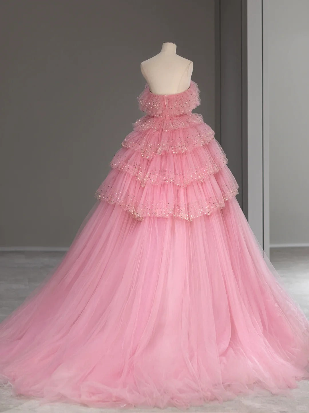 Princess Prom Dresses Ball Gown Strapless Pink Tulle Sweet 16 Evening Long Formal Dress RB4006