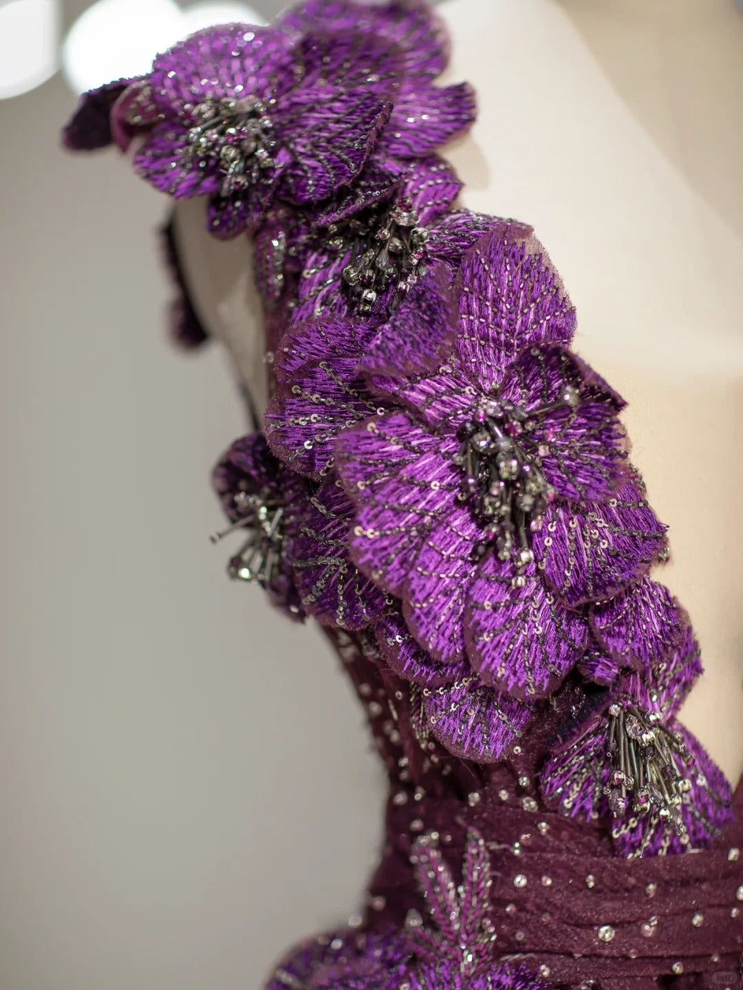 Elegant A Line V Neck Purple With Flower Beads Long Prom Dresses Inspo Evening Outfits RB3999