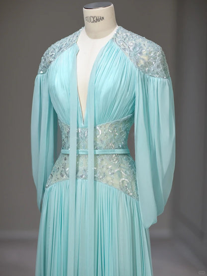 Magnifique Robe de Bal Longue Bleue en Mousseline de Soie avec Manches et Col en V Coupe Trapèze Idée Tenues Formelles RB3992