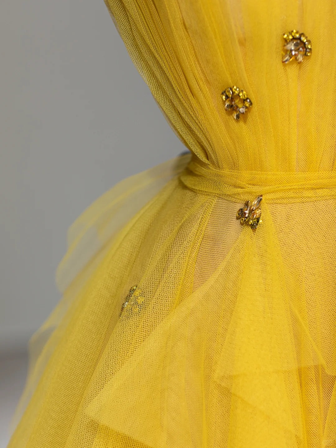 Princess Prom Dresses Ball Gown Strapless Yellow Tulle Sweet 16 Evening Long Formal Dress RB4004