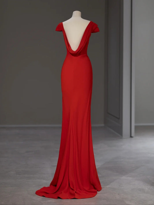 Elegant Mermaid Red With Cap Sleeves Long Prom Dresses Inspo Evening Outfits RB4000